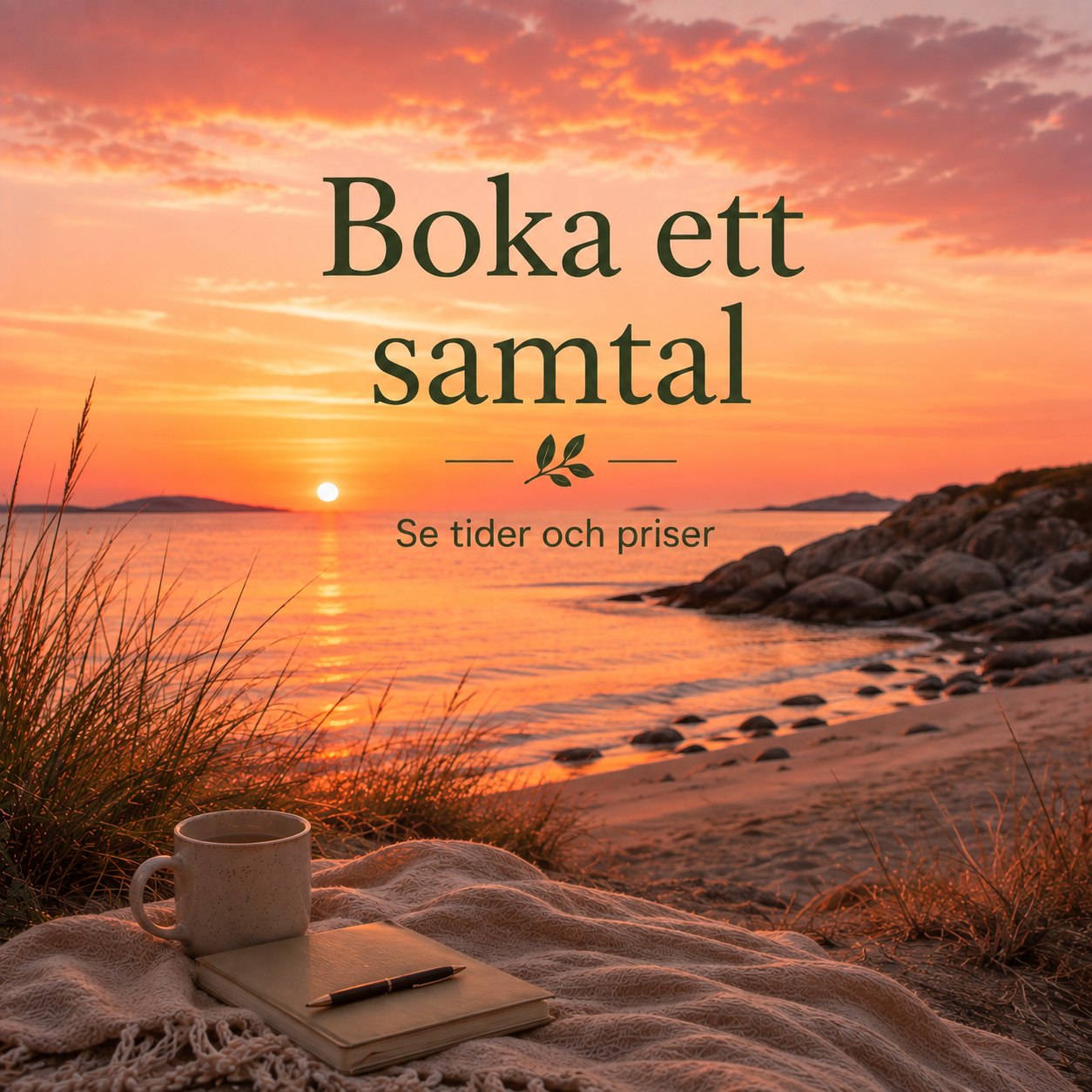 Hav i solnedgång med texten Boka ett samtal
