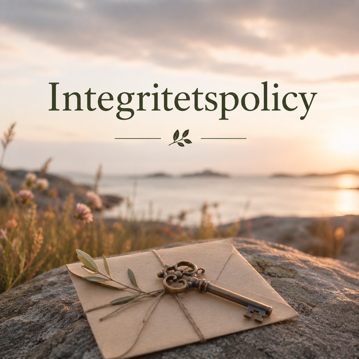 Brev och nyckel vid havet med texten Integritetspolicy