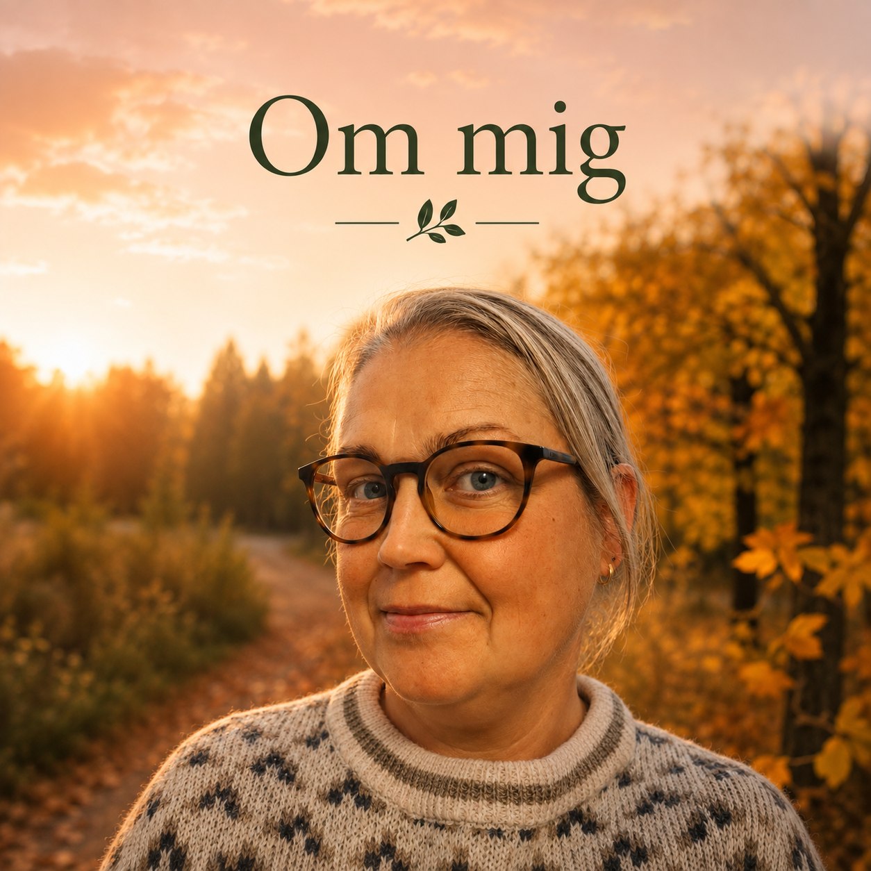 Madeleine Myhre i höstlandskap med texten Om mig
